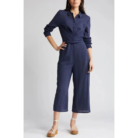 Caslon Wrap Front Long Sleeve Jumpsuit Sz XXL Wide Cropped Leg Front Pockets NWT - Picture 1 of 9